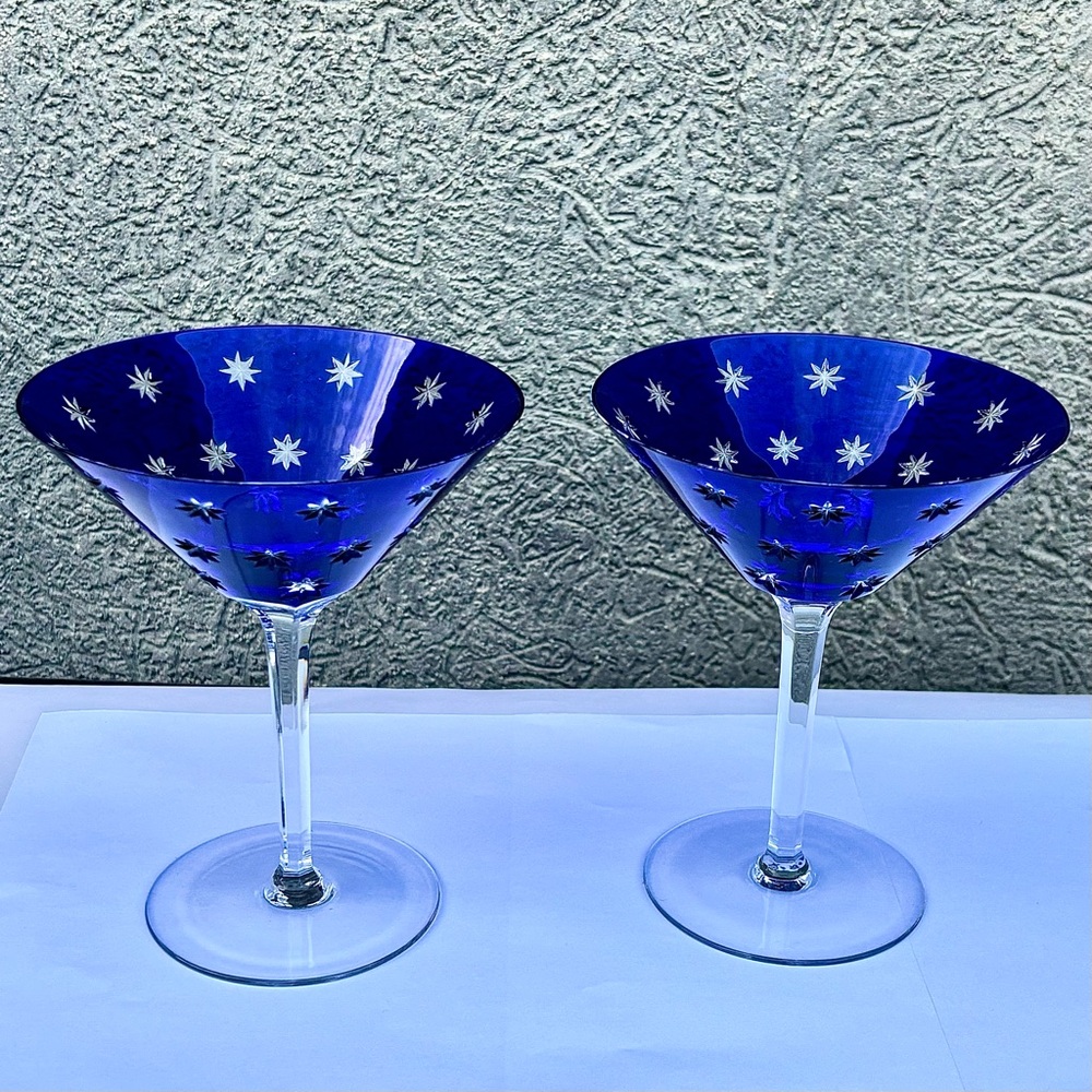 FABERGE - Two GALAXIE Cobalt Blue Martini Glasses